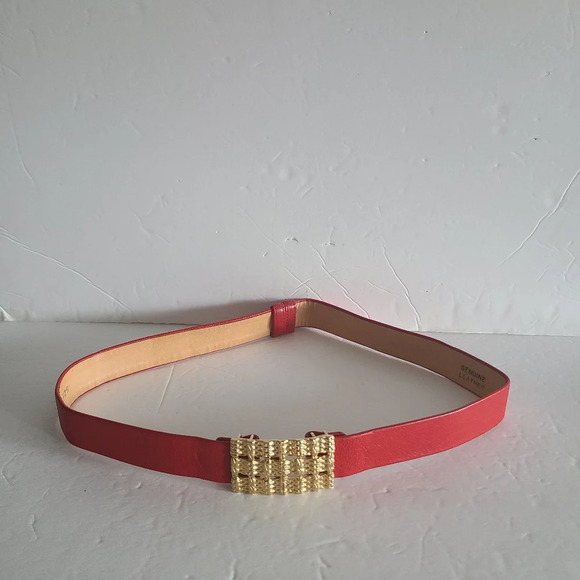 Accessories - Vintage Red genuine leather women's belt with gold buckle 30 in.